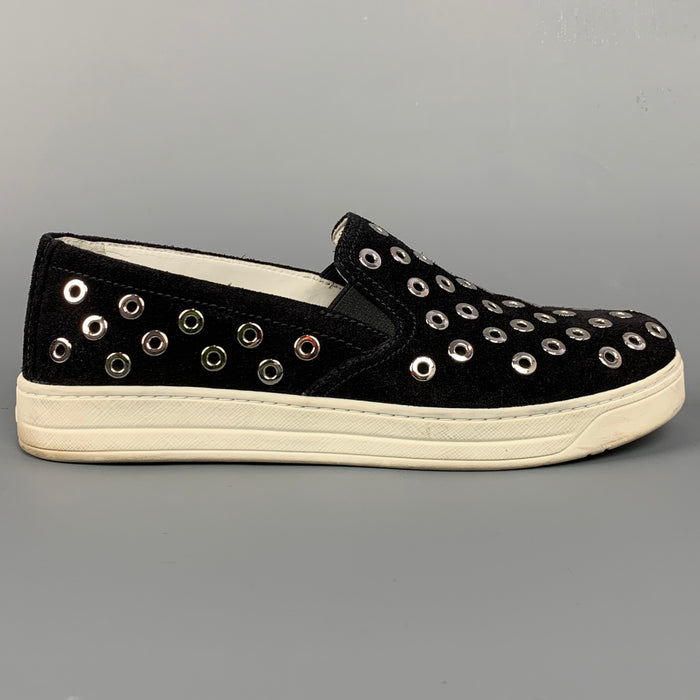 PRADA Sport Size 7.5 Black & Silver Grommet Suede Slip On Sneakers