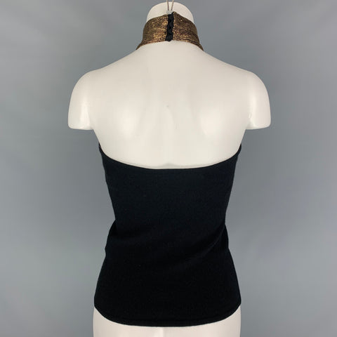 RALPH LAUREN BLACK LABEL Taille S Noir Or Cachemire Mélange Halter Perlé Pull