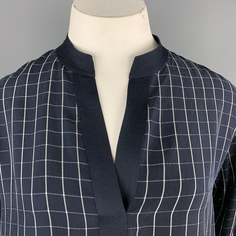 GIORGIO ARMANI Size 12 Navy Windowpane Cropped Sleeve Blouse