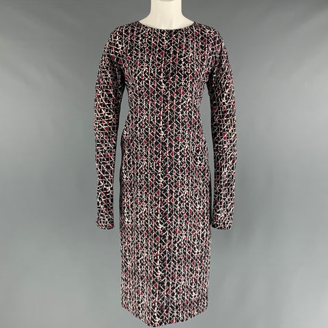 MARNI Size 2 Black Burgundy White Silk Abstract Long Sleeve Dress