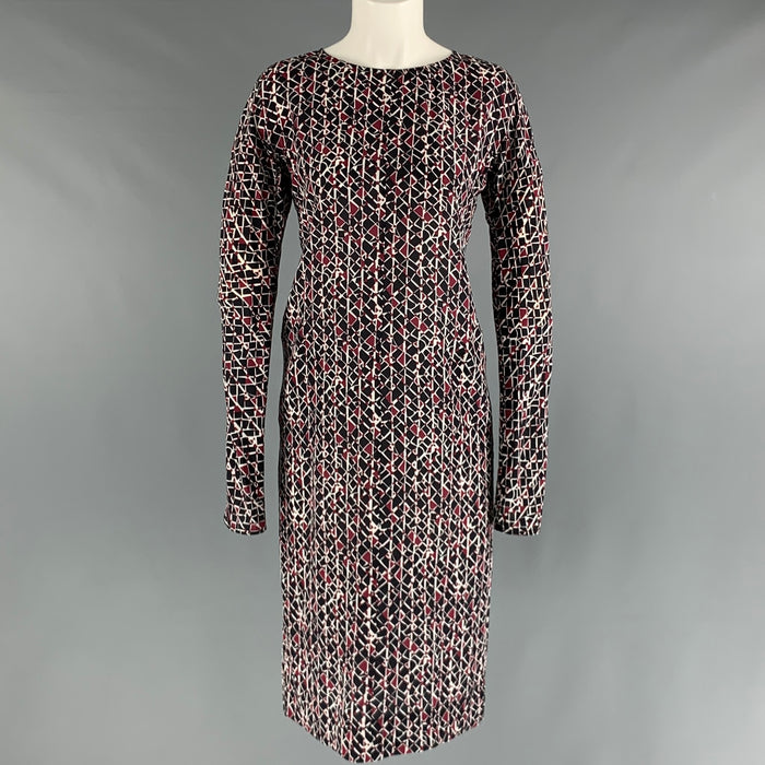 MARNI Size 2 Black Burgundy White Silk Abstract Long Sleeve Dress