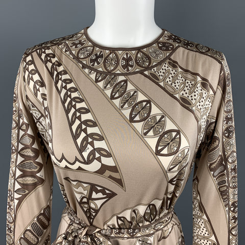EMILIO PUCCI Vintage Size 8 Taupe Print Silk Long Sleeve Shift Dress - Taupe / 8 EMILIO PUCCI Vintage Size 8 Taupe Print Silk Long Sleeve Shift Dress - Taupe / 8