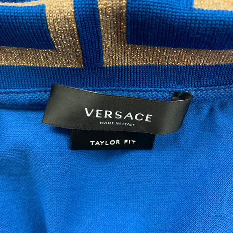 VERSACE Size S Blue Gold Embroidery Polyester Viscose Greca Short Sleeve Polo