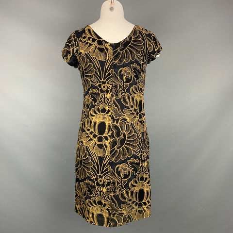 DEMA Size S Black & Beige Floral Rayon Knee-Length Shift Dress
