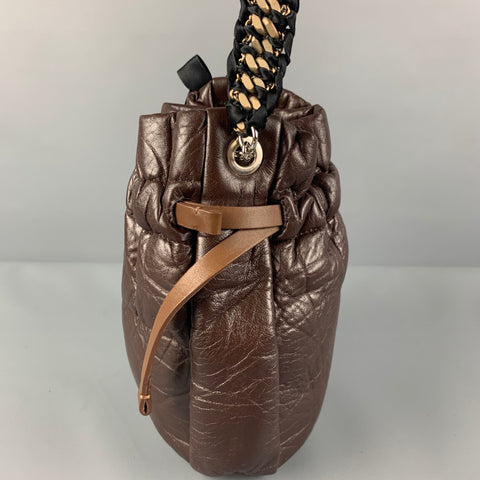 MARNI Brown Black Wrinkled Rhinestones Leather Handbag