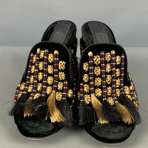 SANAYI 313 Zapatos de tacón tipo mulas bordados de terciopelo negro dorado talla 9