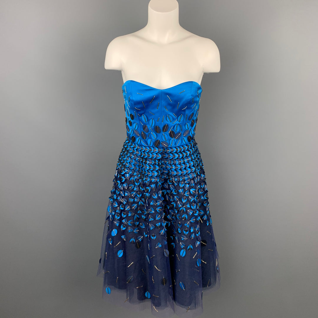 CAROLINA HERRERA Size 6 Royal Blue & Navy Cotton / Polyester Strapless A-Line Dress CAROLINA HERRERA Size 6 Royal Blue & Navy Cotton / Polyester Strapless A-Line Dress