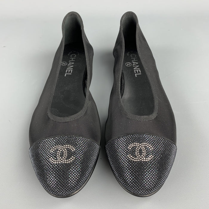 CHANEL Size 11.5 Black Mesh Cap Toe CC Ballerinas Flats