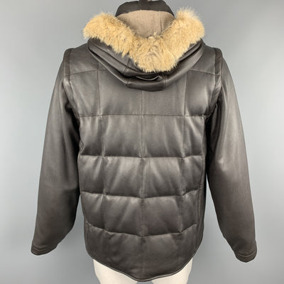 LORO PIANA Size L Brown Quilted Leather Zip Off Sleeve Fox Fur Hood Jacket