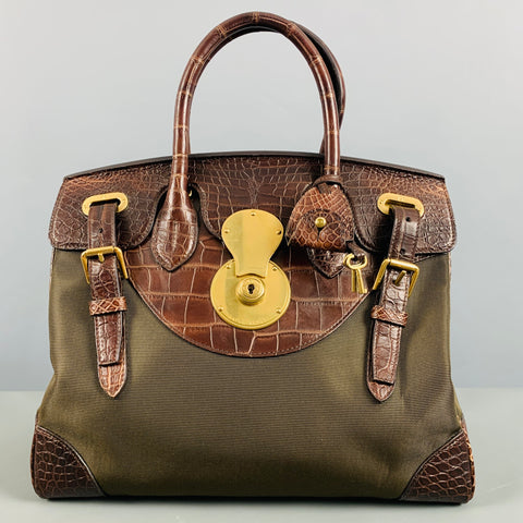 RALPH LAUREN Brown Olive Mixed Materials Alligator Nylon Handbag