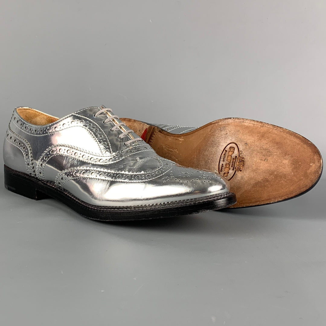 CHURCH'S Size 7.5 Silver Perforated Metallic Leather Wingtip Shoes