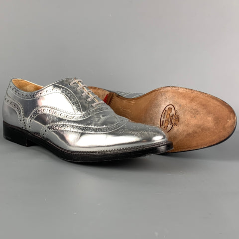 CHURCH'S Size 7.5 Silver Perforated Metallic Leather Wingtip Shoes