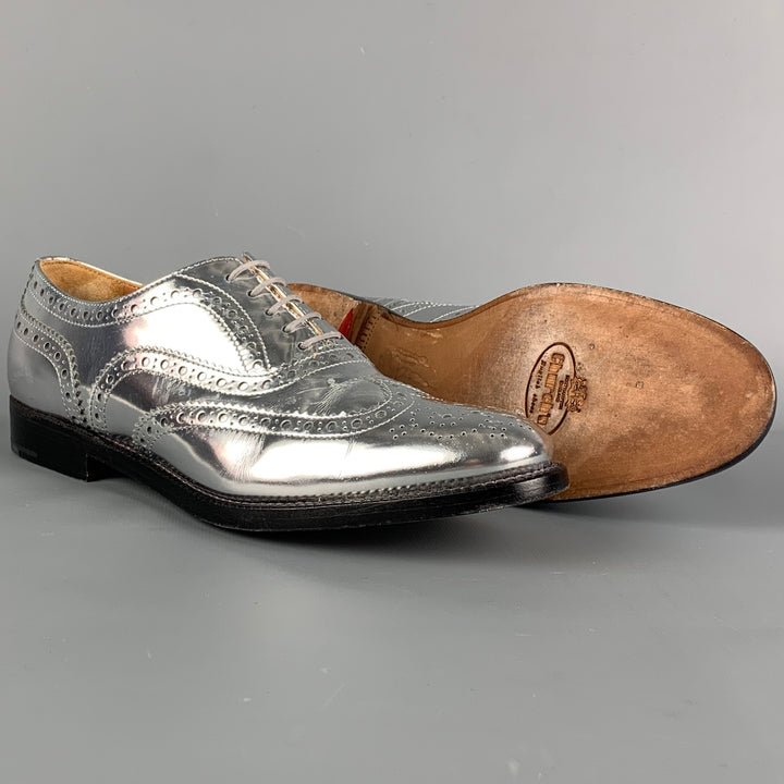 CHURCH'S Size 7.5 Silver Perforated Metallic Leather Wingtip Shoes