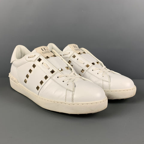 VALENTINO Size 11 White Studded Leather Lace Up Rockstud Sneakers