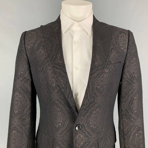 DOLCE & GABBANA Size 38 Black Brown Jacquard Wool Peak Lapel Sport Coat