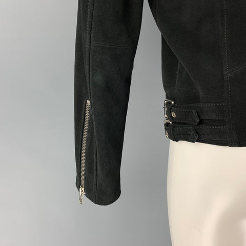 THE KOOPLES Size M Black Leather Shearling Collar Biker Jacket