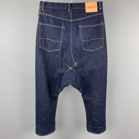 GANRYU x COMME des GARCONS Vaqueros con tiro caído en denim con orillo índigo talla M