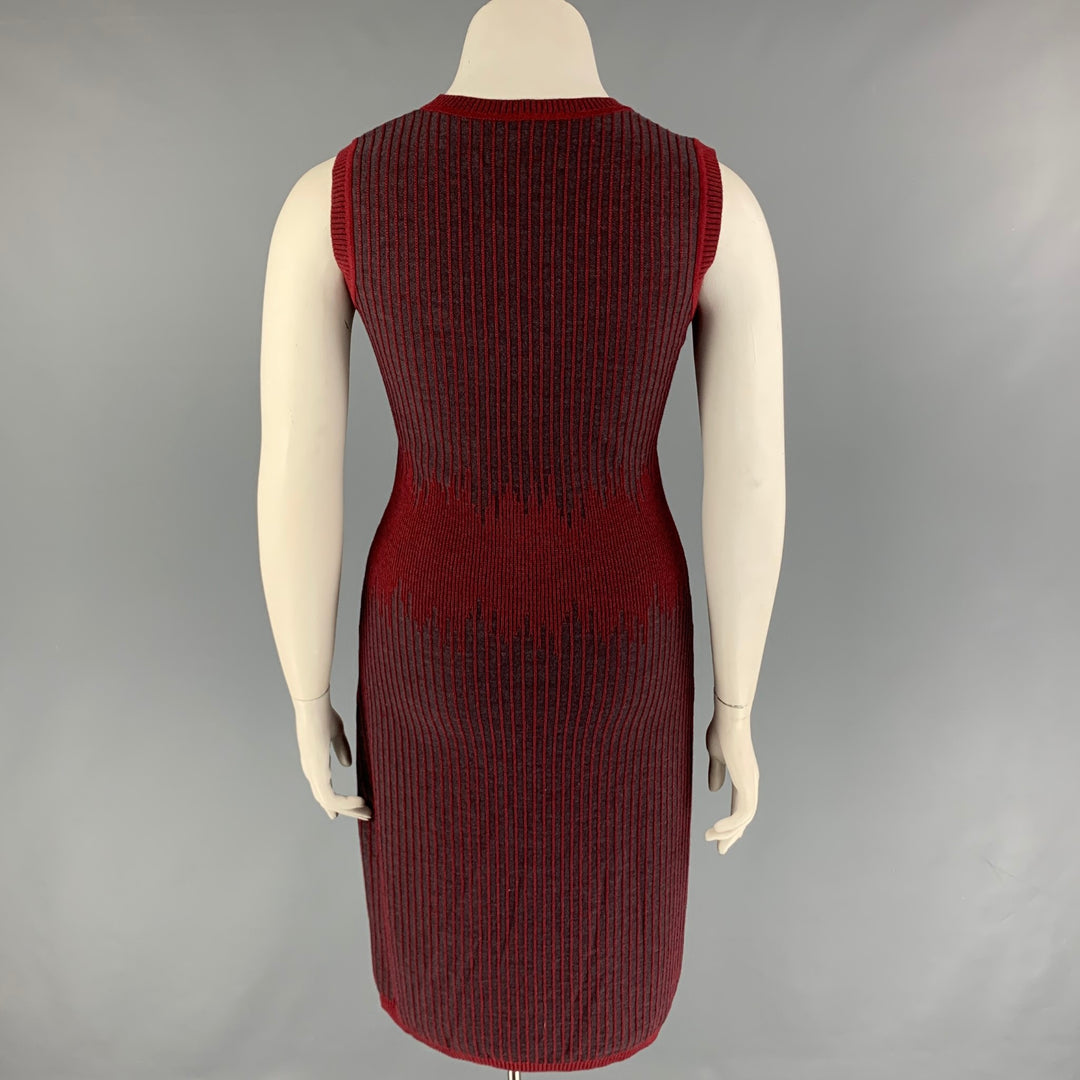 CAROLINA HERRERA Size L Burgundy Grey Wool Stripe Sheath Dress