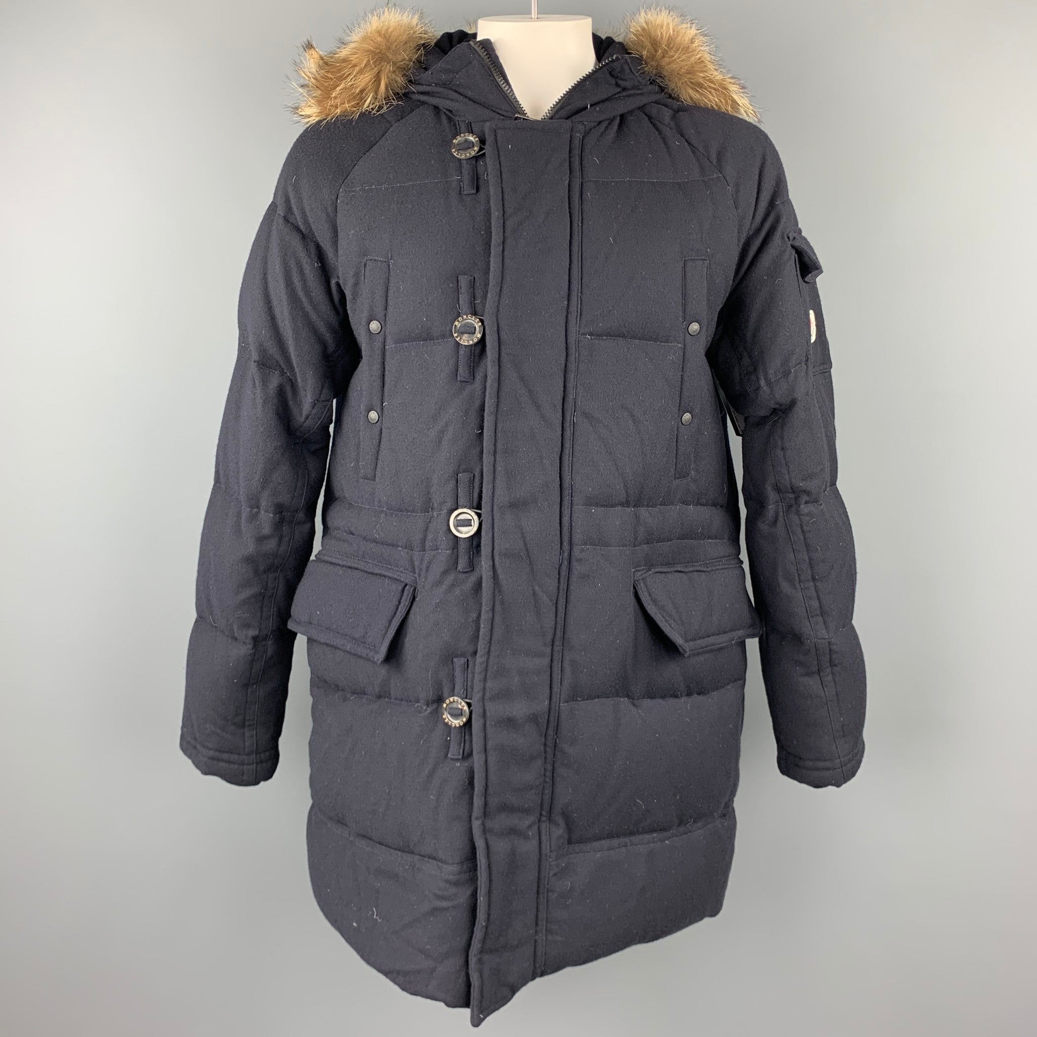 MONCLER Size XXL Navy Quilted Wool Zip & Buttoned Hooded Parka