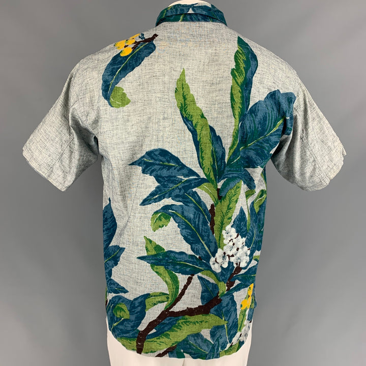 45rpm Size L Light Grey & Blue Floral Print Cotton Pop-Over Short Sleeve Shirt