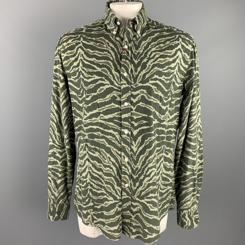 MICHAEL BASTIAN Size XXL Olive Print Cotton Button Down Long Sleeve Shirt