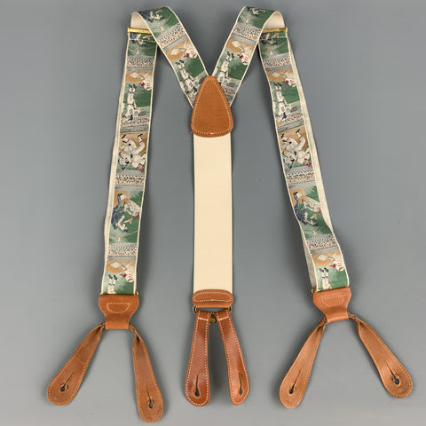 TRAFALGAR Bretelles en soie beige imprimé baseball avec bordure en cuir