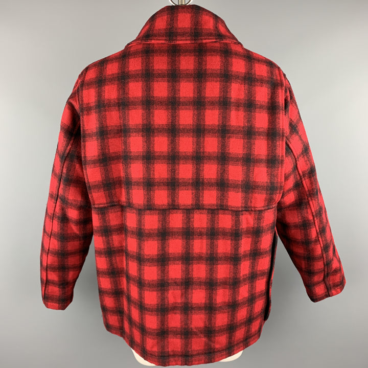 WOOLRICH Size L Red & Black Plaid Wool Hidden Buttons Hunter Coat