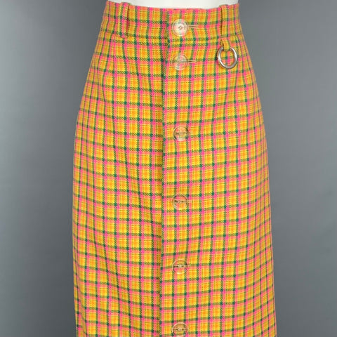 BALENCIAGA FW 2018 Size 4 Yellow & Pink Check Print Wool / Viscose High Waisted Midi Skirt