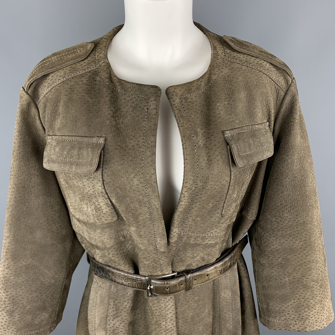 PRADA Taille S Manteau militaire en cuir suédé texturé vert olive avec ceinture en alligator
