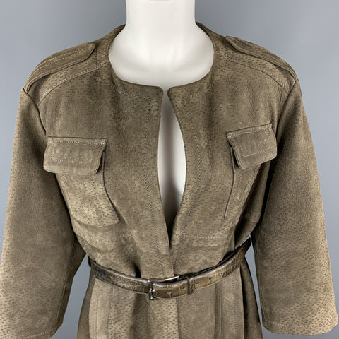 PRADA Size S Olive Green Textured Sueded Leather Alligator Belt Military Coat