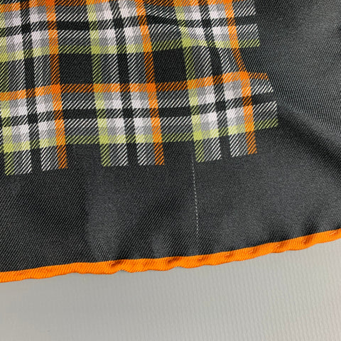 KITON Black Orange Green Plaid Silk Pocket Square