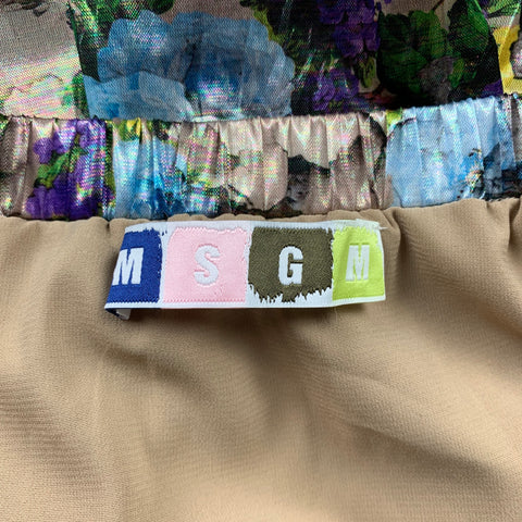 MSGM Size 6 Gold & Purple Floral Polyamide Elastic Waistband A-Line Skirt