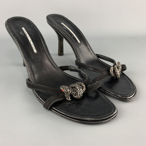 DONALD J PLINER Sandalias tipo mula con correa de serpiente y diamantes de imitación de cuero negro Talla 11.5