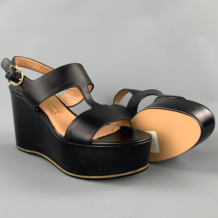 SALVATORE FERRAGAMO Fiamma Size 8.5 Black Leather Platform Sandals