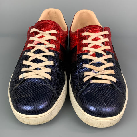 GUCCI Size 10.5 Red & Blue Metallic Snakeskin Low Top Ace Sneakers