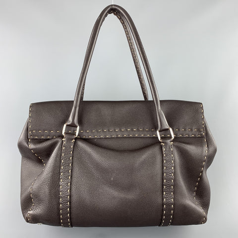 FENDI Selleria Brown leather Contrast Stitch Borsa Linda Grande Handbag