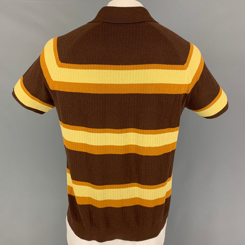 TODD SNYDER Size L Brown Mustard Stripe Silk Cotton Buttoned Polo