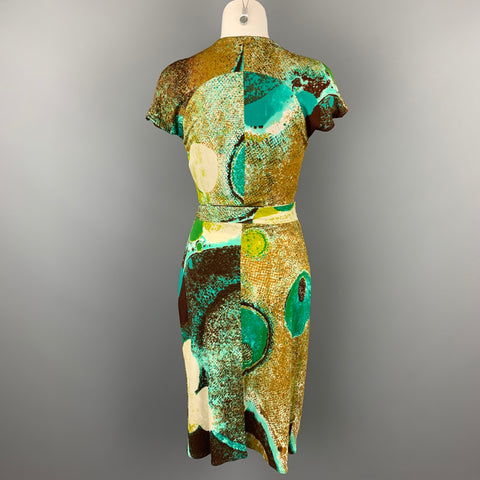 YIGAL AZROUEL Size 0 Green Abstract Rayon Belted Wrap Dress