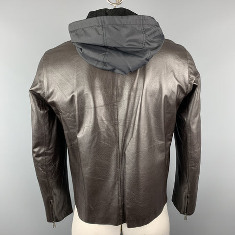 NEIL BARRETT Size M Brown Leather Zip Off Hood Biker Jacket