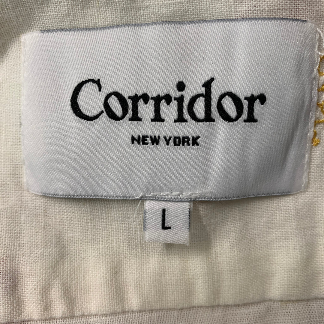 CORRIDOR Size L White Orange Linen / Cotton Short Sleeve Shirt