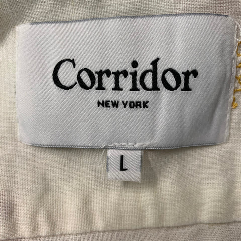 CORRIDOR Size L White Orange Linen / Cotton Short Sleeve Shirt