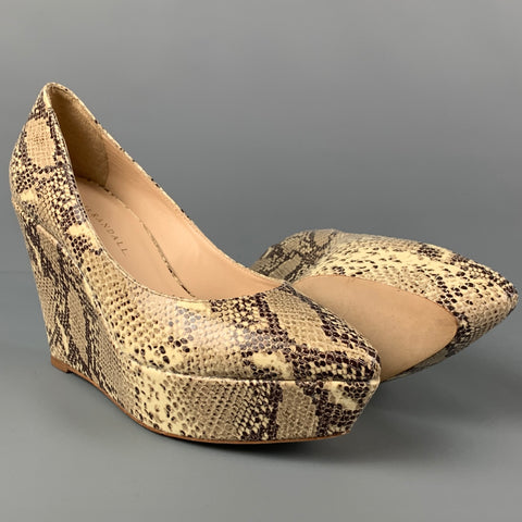 LOEFFLER RANDALL Size 8 Grey Beige Leather Snake Skin Print Embossed Wedge Pumps