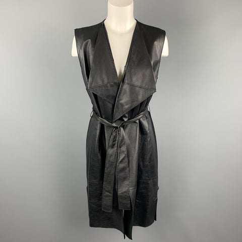 ST. JOHN Size S Black Draped Leather Front Wool Blend Knit Back Vest Coat