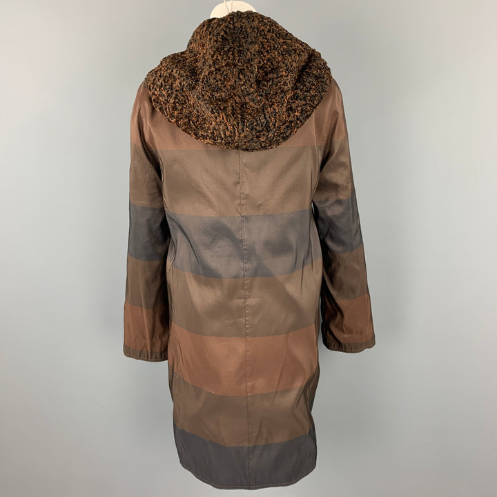 VINTAGE Size M Brown Stripe Astrakhan Fur Reversible Hooded Jacket