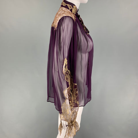 SALVATORE FERRAGAMO Size 2 Eggplant Gold Silk Lace Blouson Dress Top