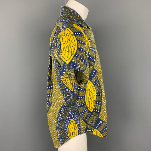 WOOLRICH Taille L Chemise à manches courtes boutonnée en coton imprimé jaune et bleu