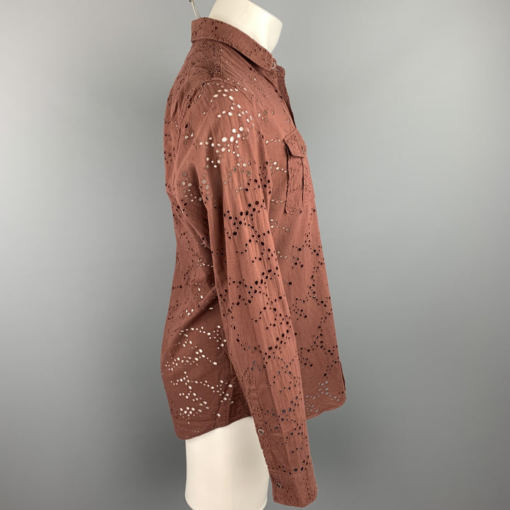 BURBERRY PRORSUM Size L Brown Eyelet Cotton Button Up Long Sleeve Shirt
