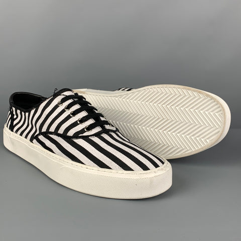 SAINT LAURENT Size 10 Black White Stripe Canvas Lace Up Sneakers