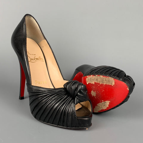CHRISTIAN LOUBOUTIN Jenny Size 6.5 Black Leather Knot Peep Toe Pumps
