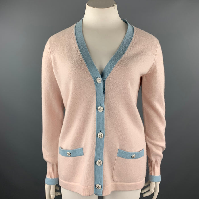 CHANEL Size 10 Pink Knitted Blue Trim Cashmere Cardigan